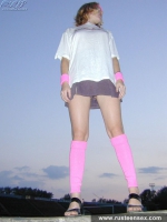 Russian teen blonde walks naked outdoor and masturbates