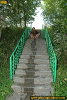 Pissing on outdoor concrete ladder
