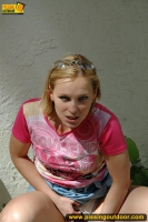 Outdoor pissing of teen girl cannot get into a house