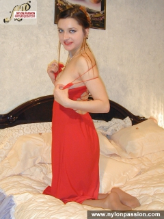 Pantyhose fetish brunette in red dress - N