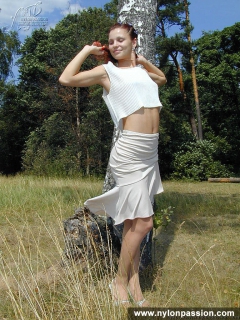 Pantyhose teen girl posing in nylon outdoor - N