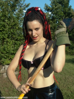 Brunette slut playing with ax while nude - N