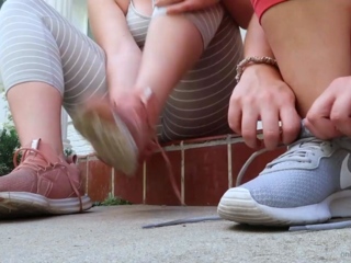 Busty brunette foot fetish and footjob in nylons