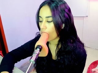 Brunette Sucks Big Pink Dildo Machine