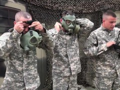 Military hunks in gas masks fuck and suck