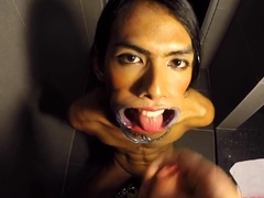 Ladyboy Cat Gives Blowjob After Getting Pissed On