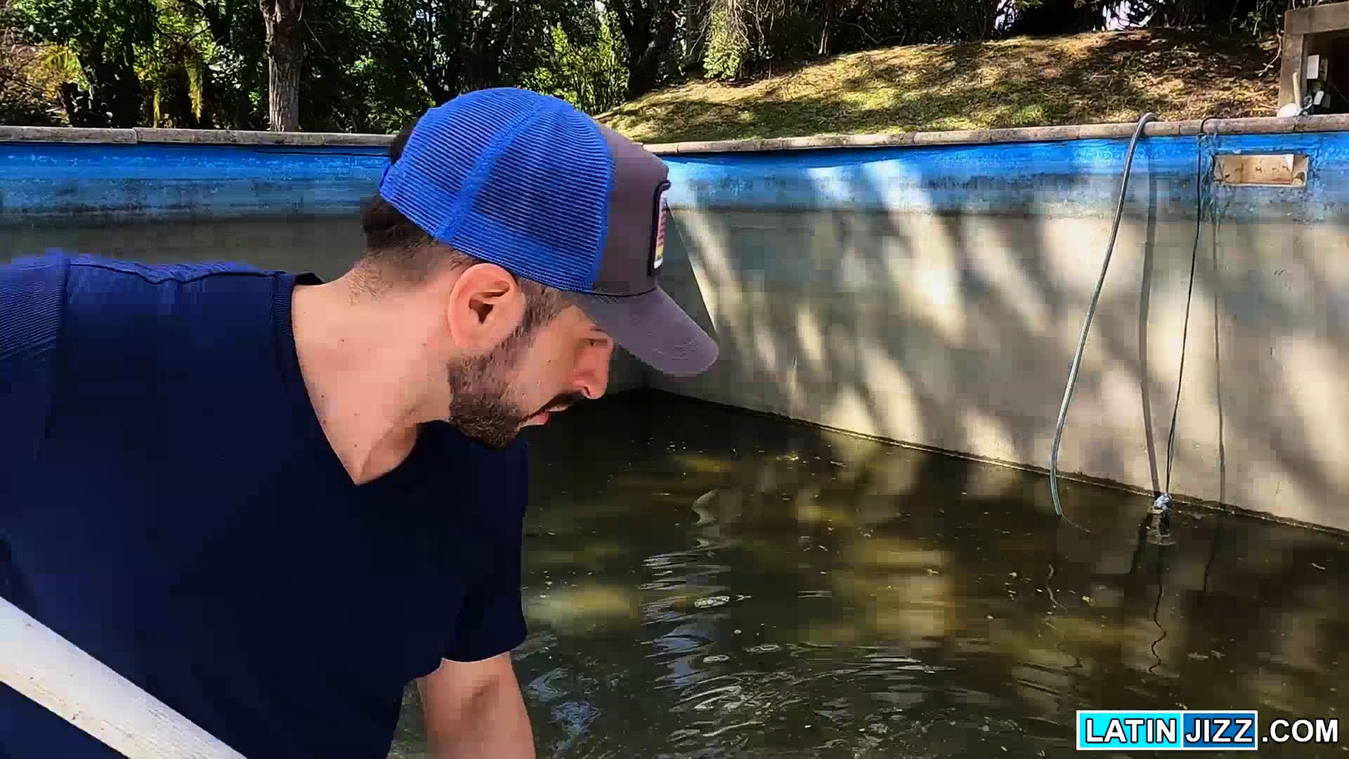 Liam Cox and Luke Ryder have some fun in the sun by the pool