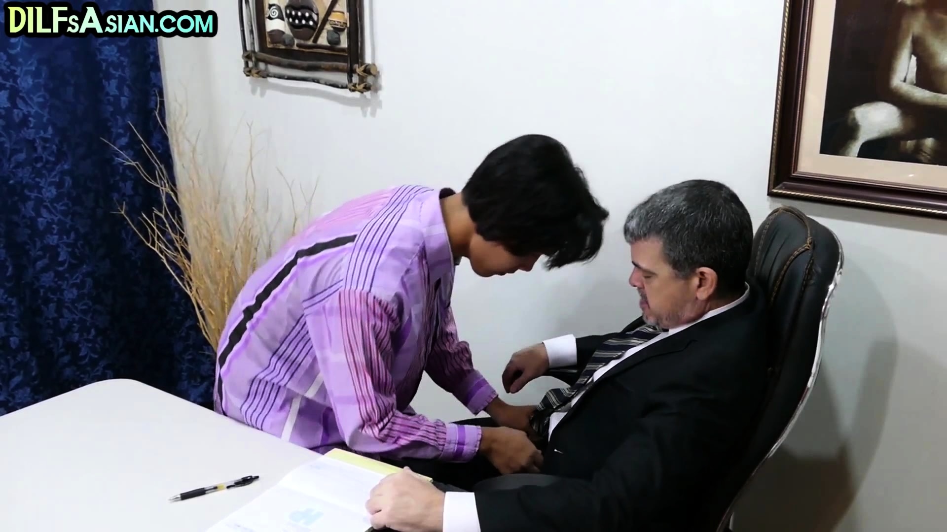 Businessman fucks Asian twink in office