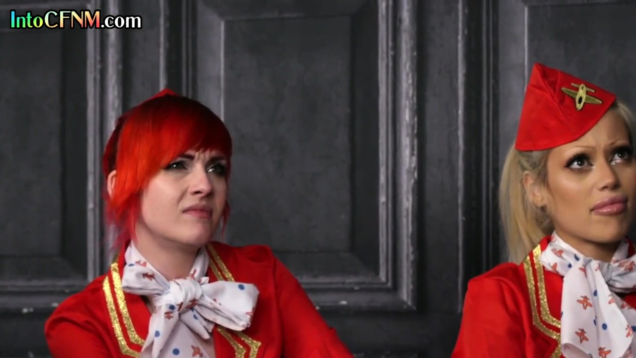 CFNM college stewardesses give group BJ