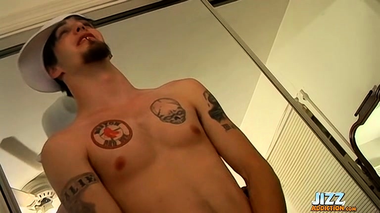 Tattooed twink jizzes on his glass of soda and drinks it