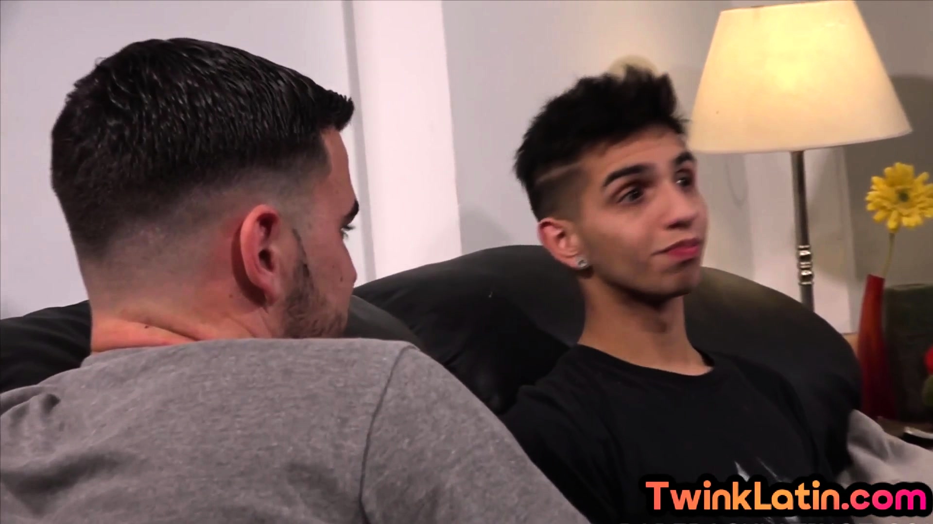 Barebacked Latin twink cums on sofa