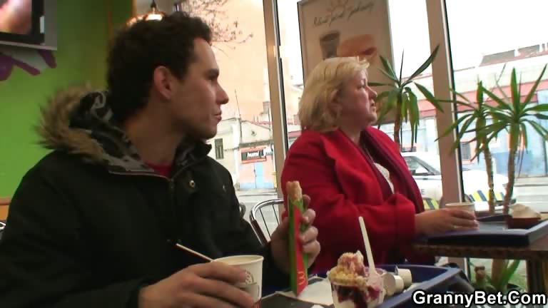Huge grandma is picked up in cafe