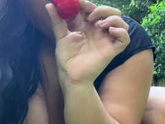 Busty curly brunette with big boobs fucks on couch