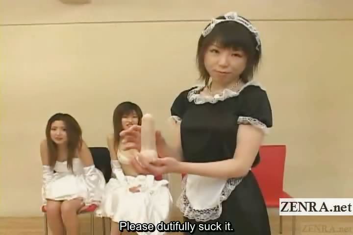 Subtitled Japanese maid blowjob to dildo held by friend